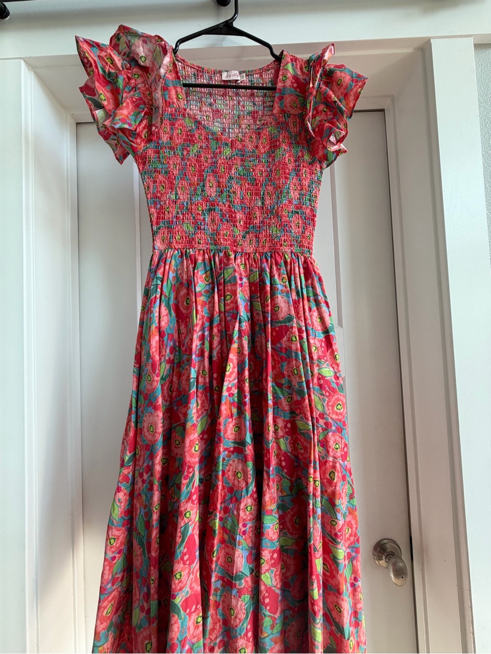 Ivy City Co Coral-Pink Floral Smocked Maxi Dress with Ruffle Sleeves